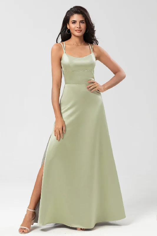 Satin Lace-Up Back Dusty Sage Bridesmaid Dress with Slit