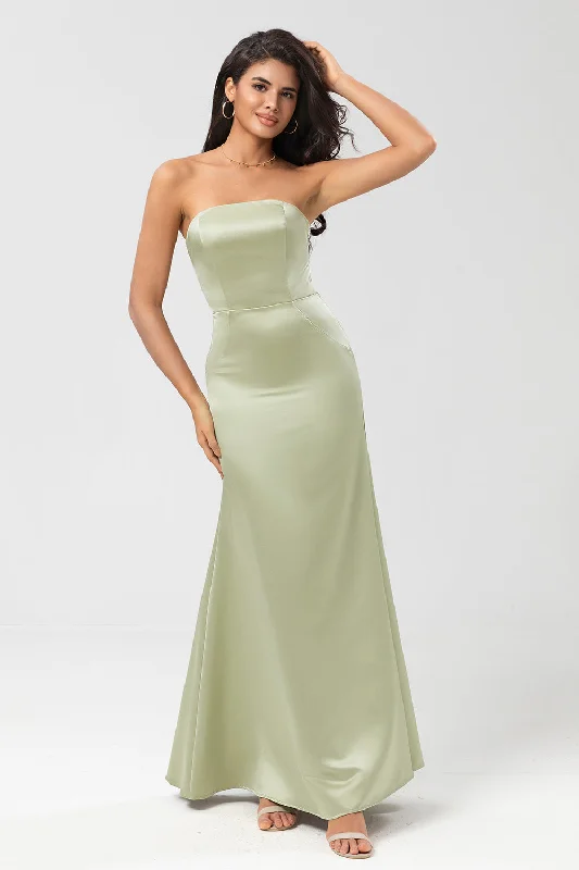 Satin Strapless Dusty Sage Bridesmaid Dress