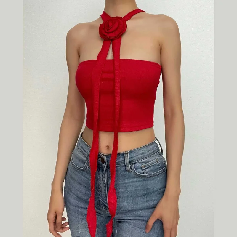 BerryBetty - Solid flower applique backless 2-way crop top