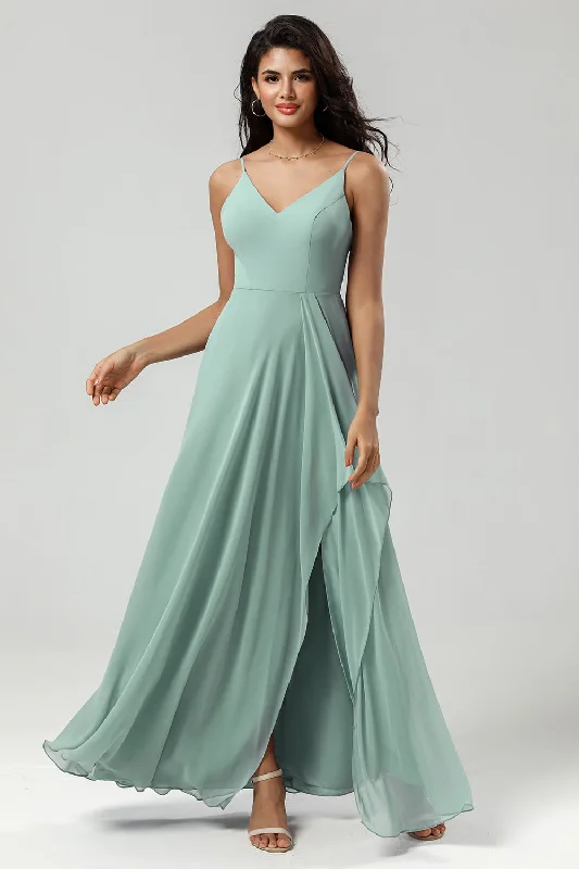 Spaghetti Straps Sleeveless Matcha Bridesmaid Dress with Slit