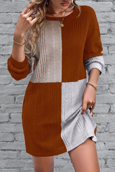 Textured Color Block Round Neck Dress