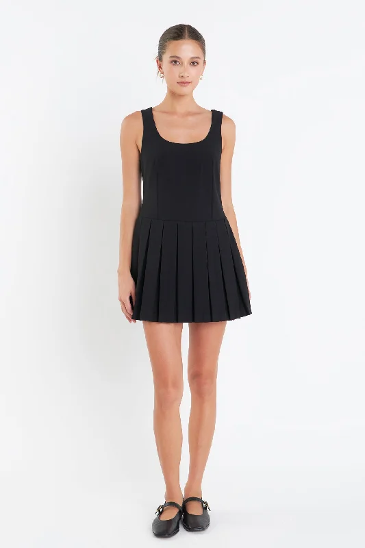 U-Neck Pleated Sleeveless Mini Dress