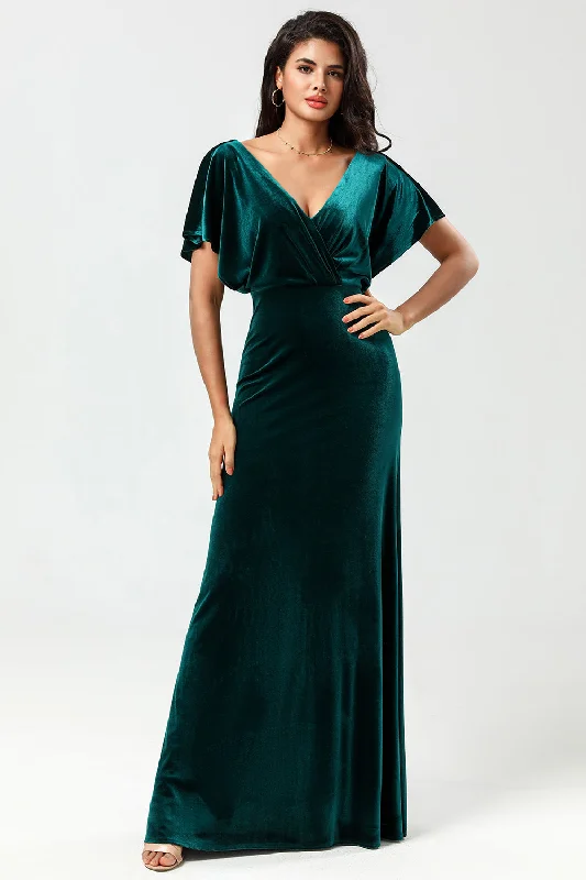 V-Neck Velvet Peacock Bridesmaid Dress with Ruffles