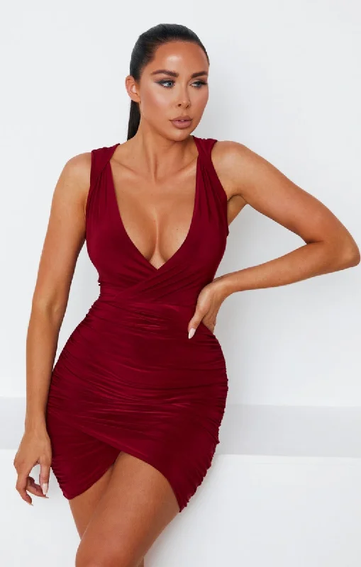 Wine Ruched Plunge Wrap Front Bodycon Mini Dress - Annabelle