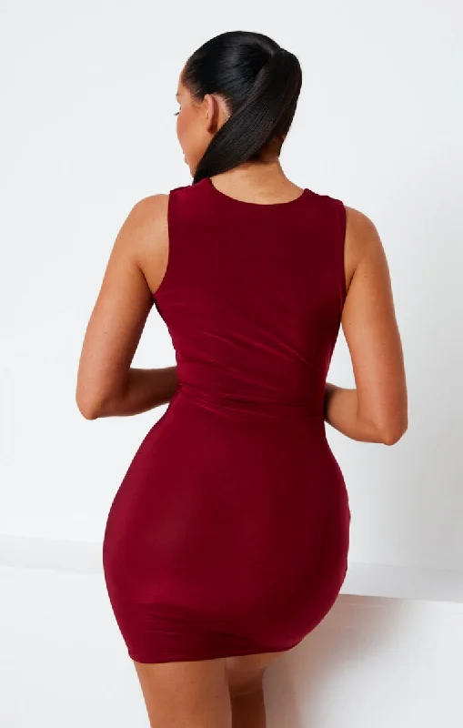 Wine Ruched Plunge Wrap Front Bodycon Mini Dress - Annabelle